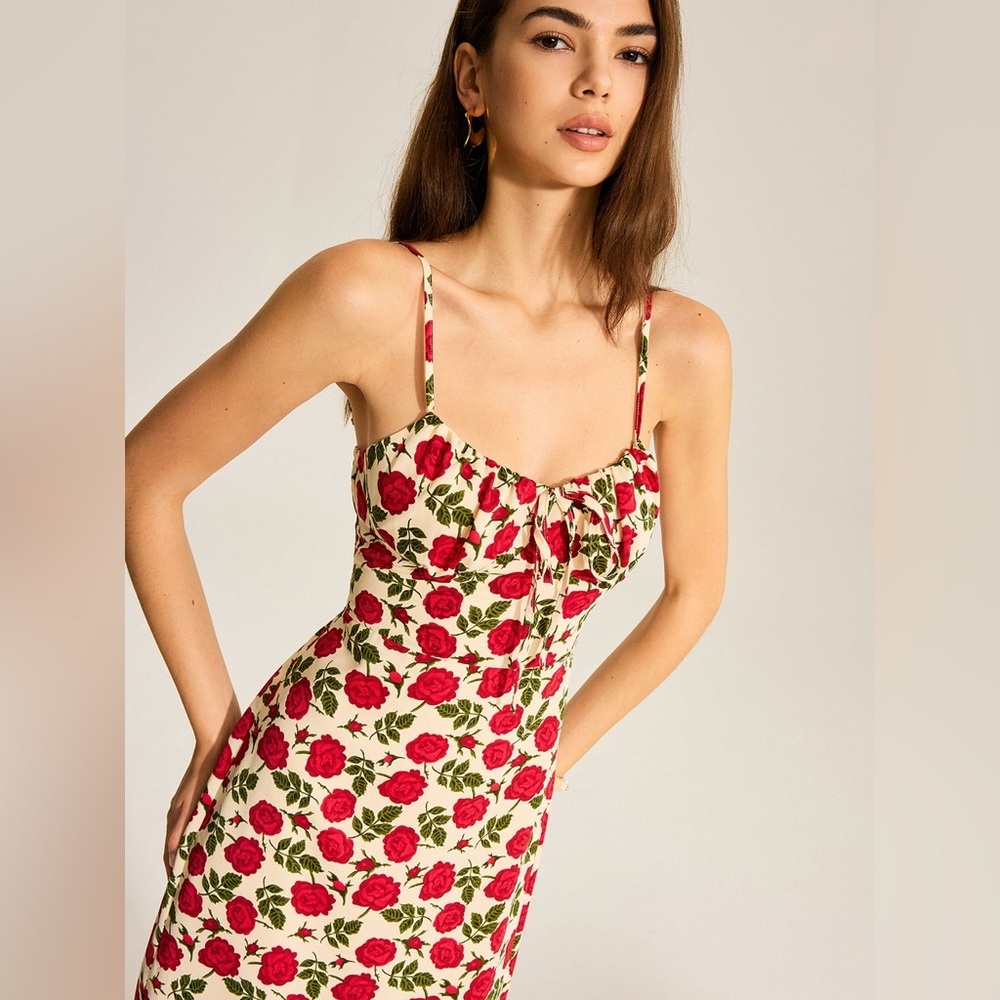 Floral Print Maxi Dress bustier milkmaid red white dress L cc23-12 Last One! - Picture 4 of 6